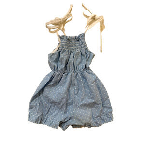 Vintage Polar Romper Girls Blue Polka Dot Smocked Cottagecore USA